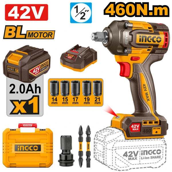 Llave Impac.1/2" 460Nm 42V Brush 2Ahx1 Ingco (Ciwli42461)