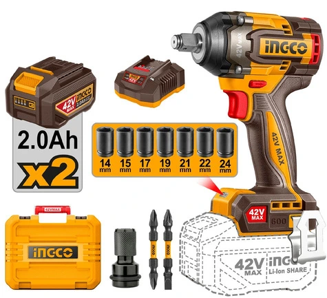Llave De Impacto 1/2” 600Nm 42V Brush 2Ahx2 Ingco (Ciwli42602)
