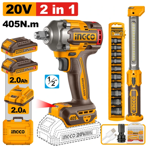 Kit Llave Impacto 1/2" 405Nm + Lampara + Dados Ingco (Cosli23056)